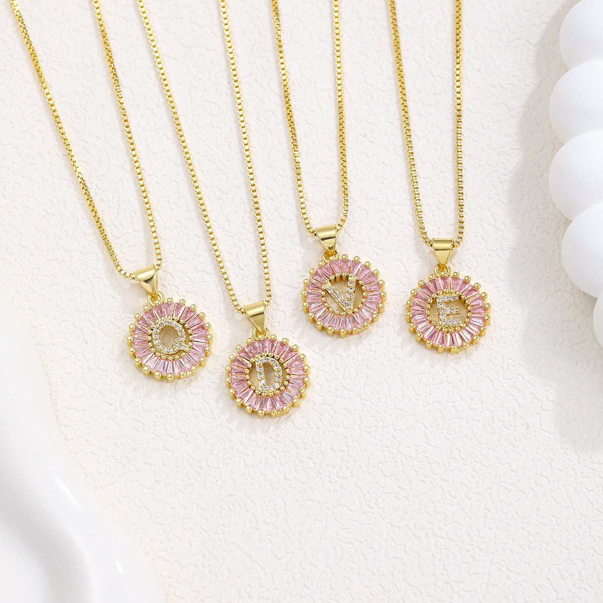 Dainty Pink Baguette Zirconia Initial Necklace