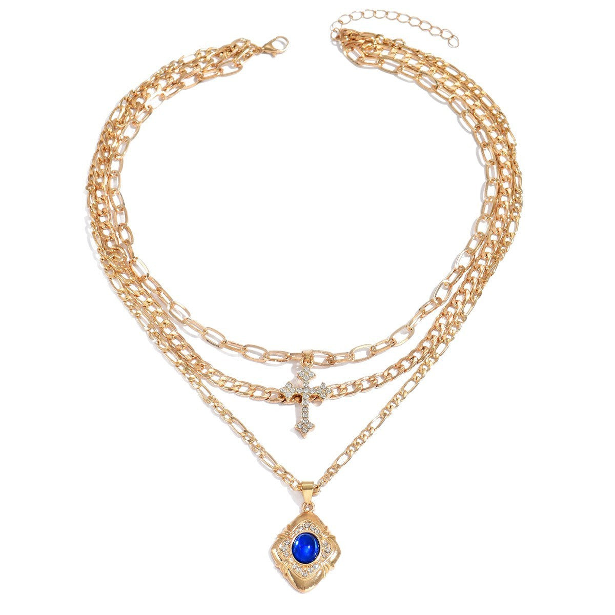 Vintage Layered Cross and Evil Eye Necklace