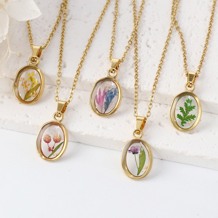 Dainty Pressed Flower Oval Necklace