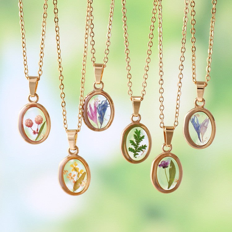 Dainty Pressed Flower Oval Necklace