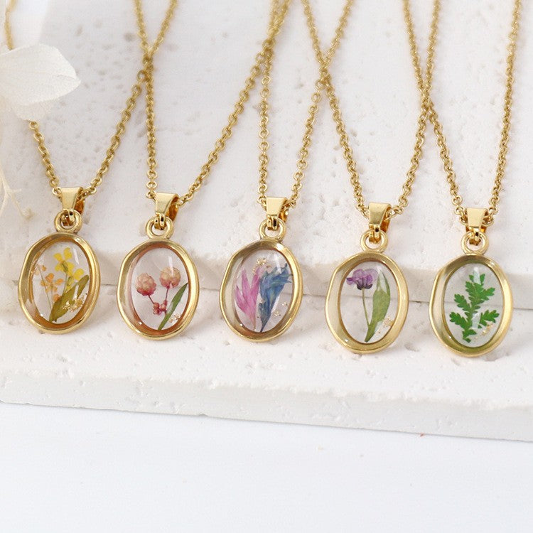 Dainty Pressed Flower Oval Necklace