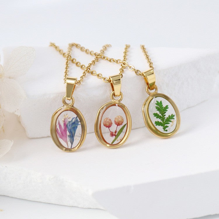 Dainty Pressed Flower Oval Necklace