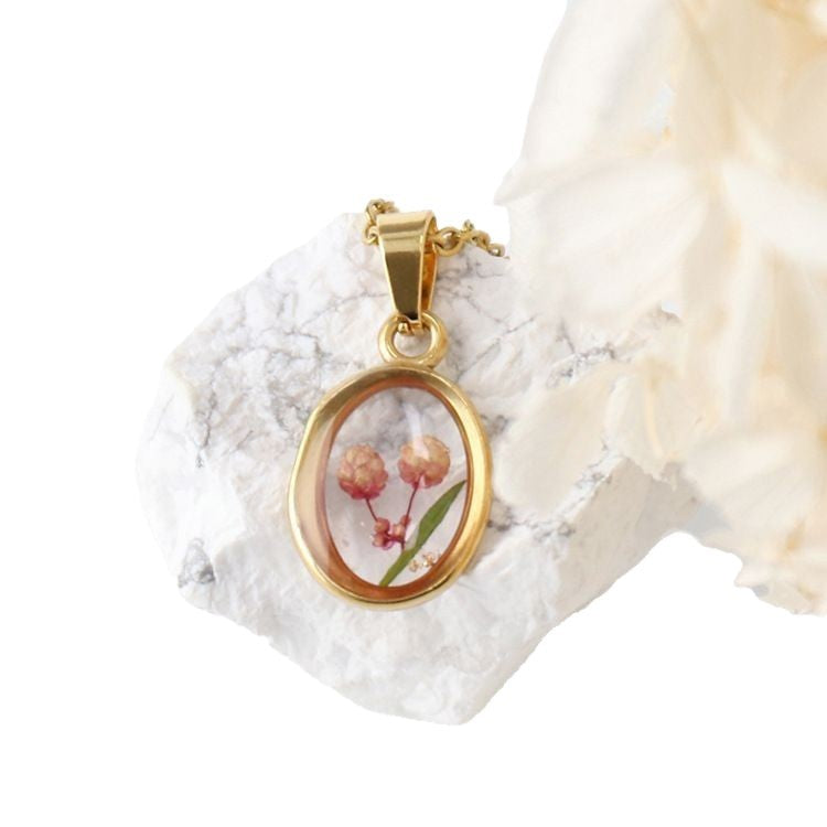 Dainty Pressed Flower Oval Necklace