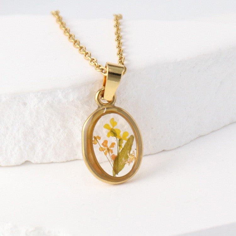 Dainty Pressed Flower Oval Necklace