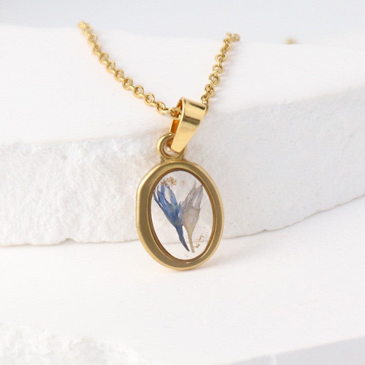 Dainty Pressed Flower Oval Necklace
