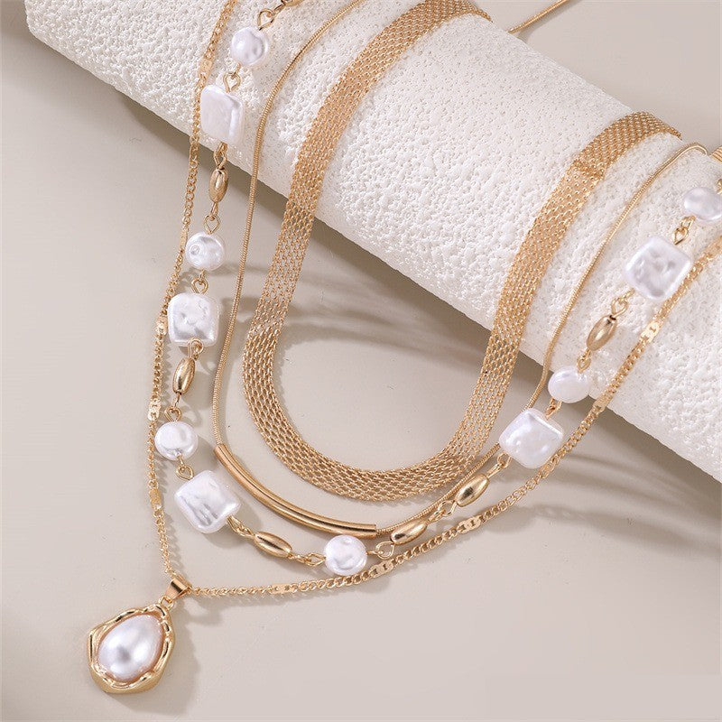 Classy Layered Faux Pearl & Geometric Pendant Necklace