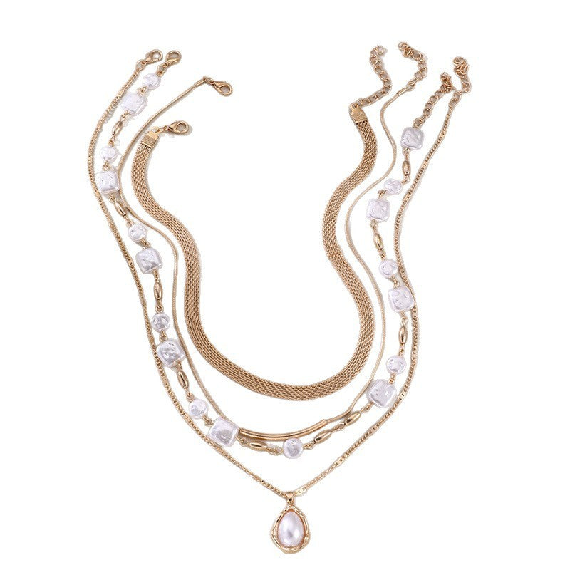 Classy Layered Faux Pearl & Geometric Pendant Necklace