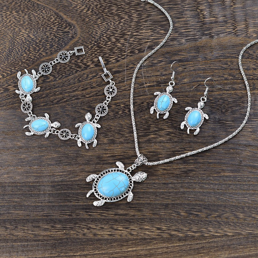 Boho Vintage Turquoise Turtle Necklace, Bracelet & Earring Set