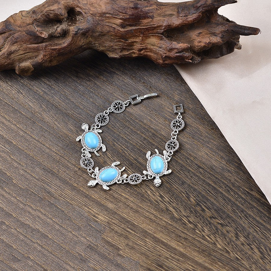 Boho Vintage Turquoise Turtle Necklace, Bracelet & Earring Set
