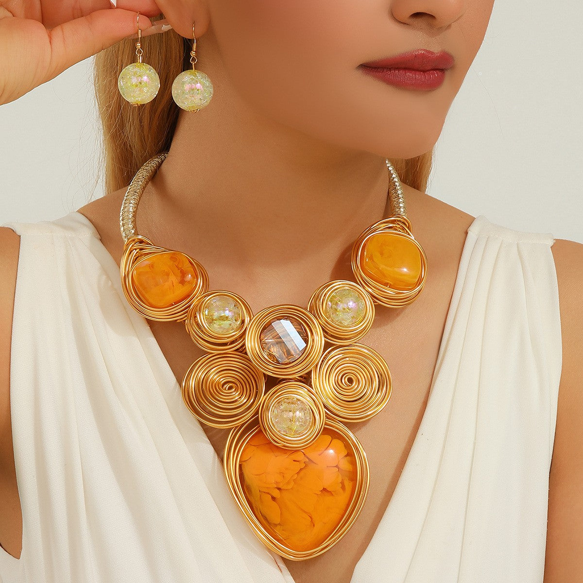 Boho Green Wire Spiral Necklace & Earring Set