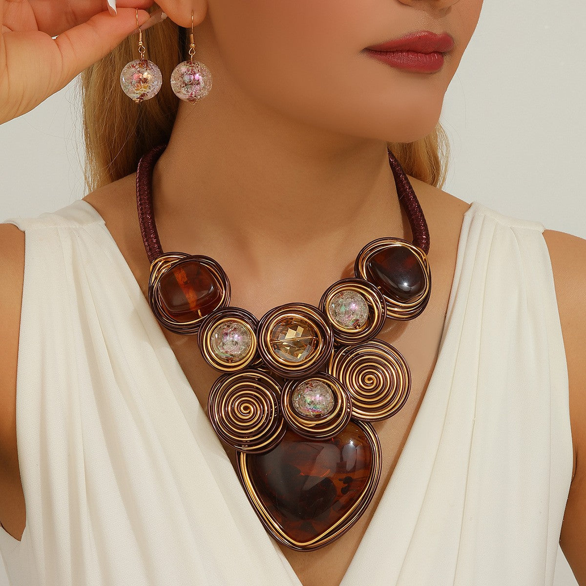 Boho Green Wire Spiral Necklace & Earring Set