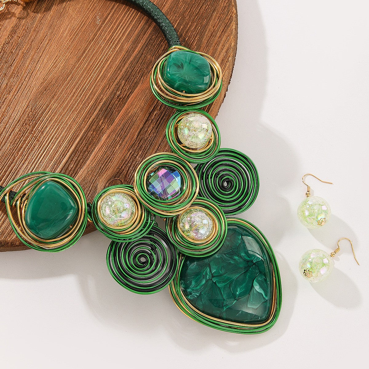 Boho Green Wire Spiral Necklace & Earring Set