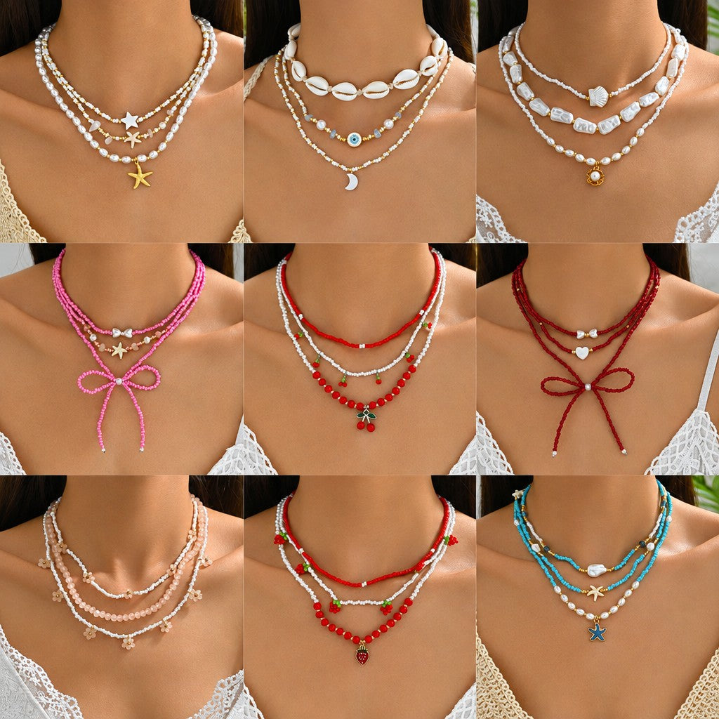 Boho Layered Beaded Bow Necklace