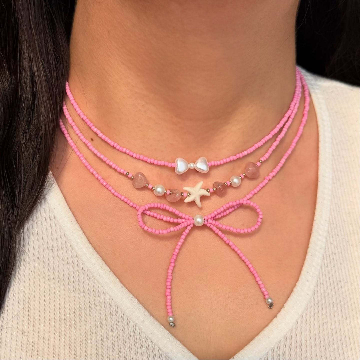 Boho Layered Beaded Bow Necklace