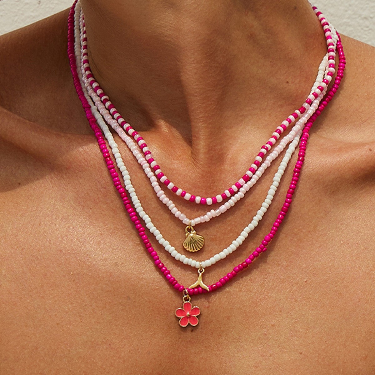 Boho Pink & White Beaded Layered Necklace