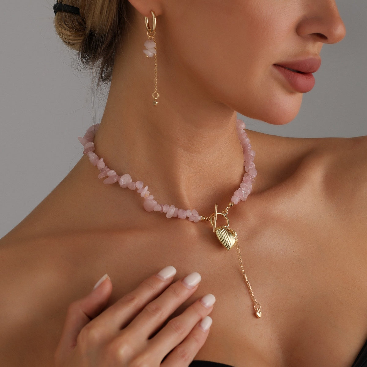 Romantic Pink Stone Heart OT Necklace & Earring Set
