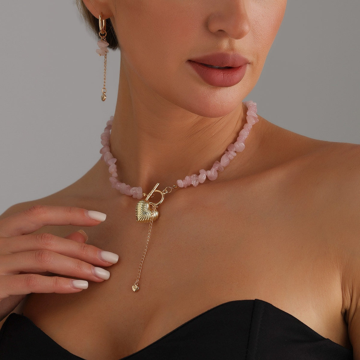 Romantic Pink Stone Heart OT Necklace & Earring Set