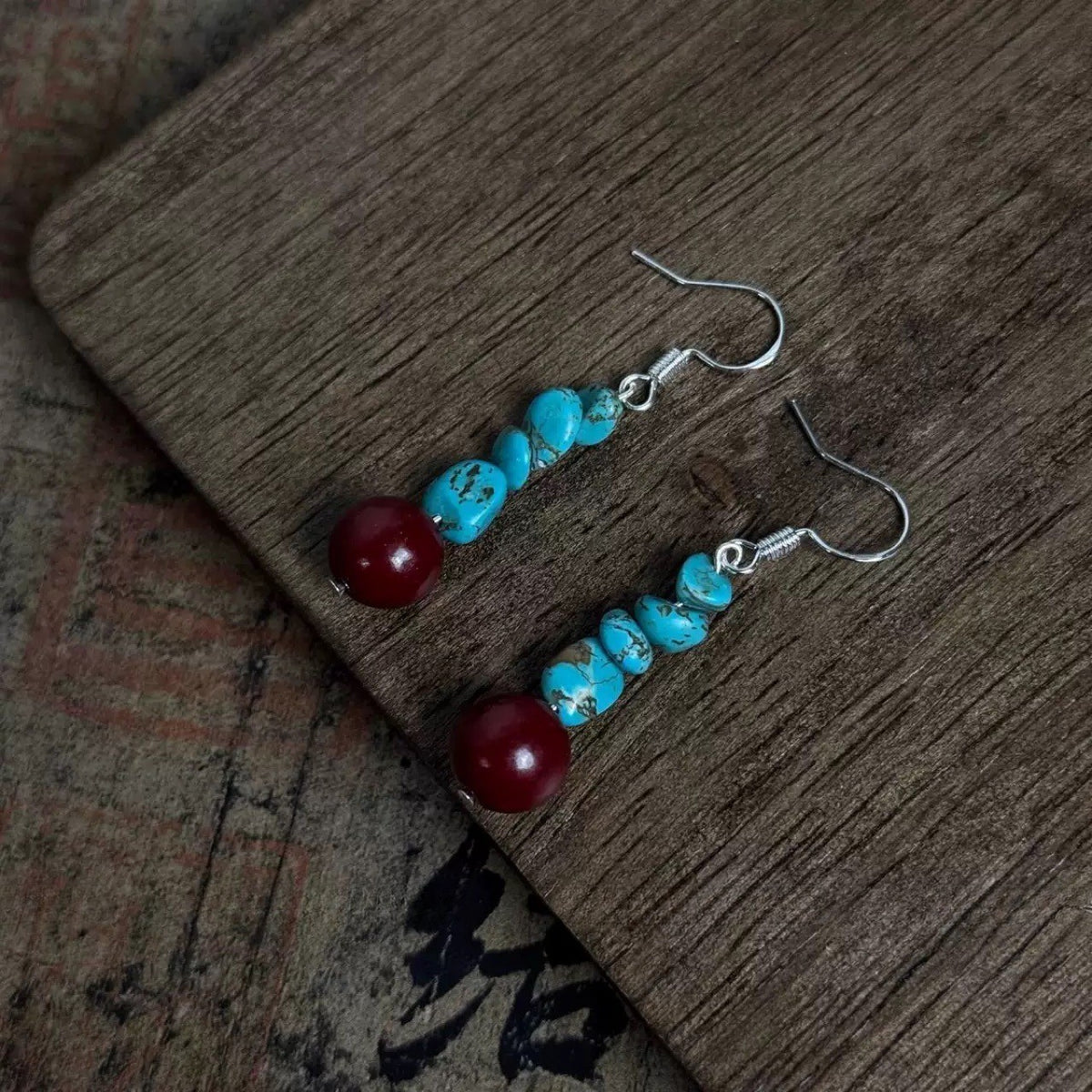 Boho Raw Turquoise Red Bead Dangle Earrings