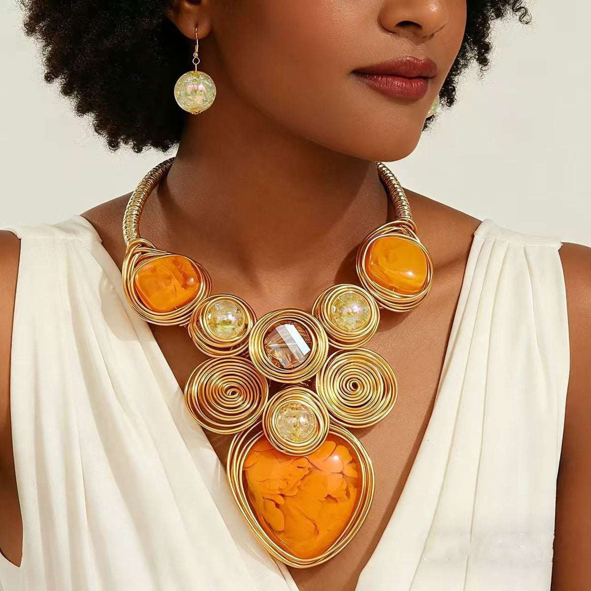 Boho Amber Wire Spiral Necklace & Earring Set