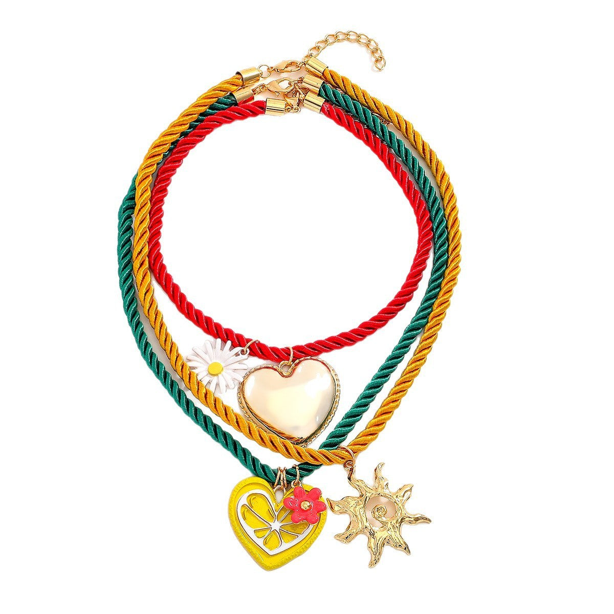 Boho Layered Cord Heart & Sun Necklace
