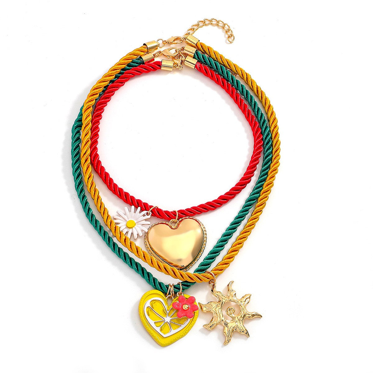 Boho Layered Cord Heart & Sun Necklace
