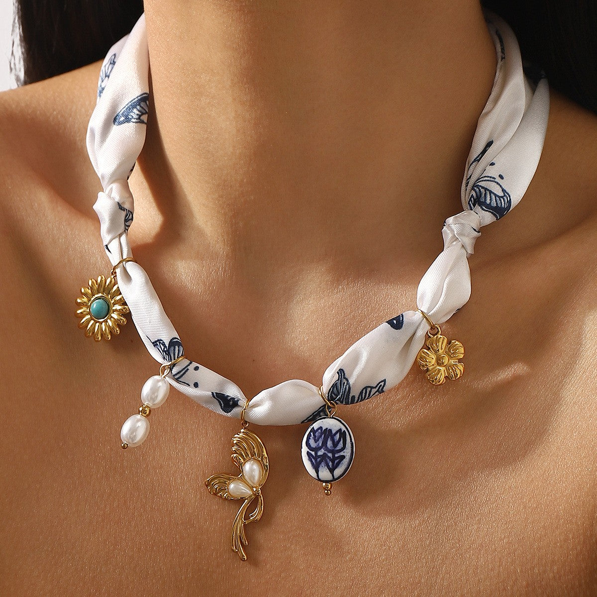 Boho Vintage Ribbon Charm Necklace