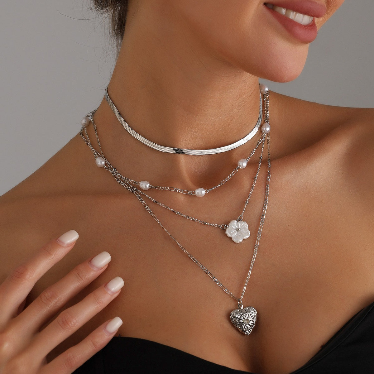Layered Pearl Floral Heart Necklace