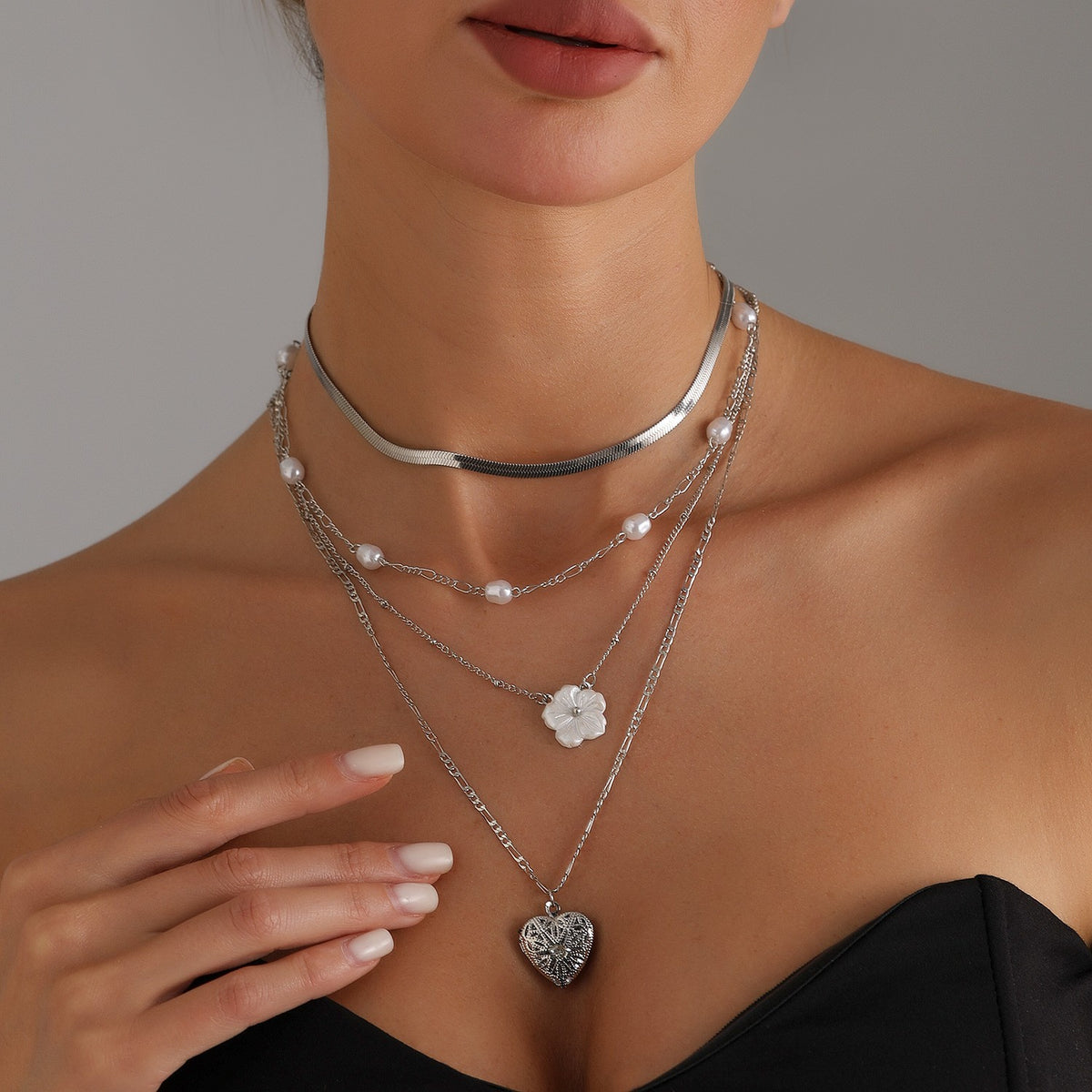Layered Pearl Floral Heart Necklace