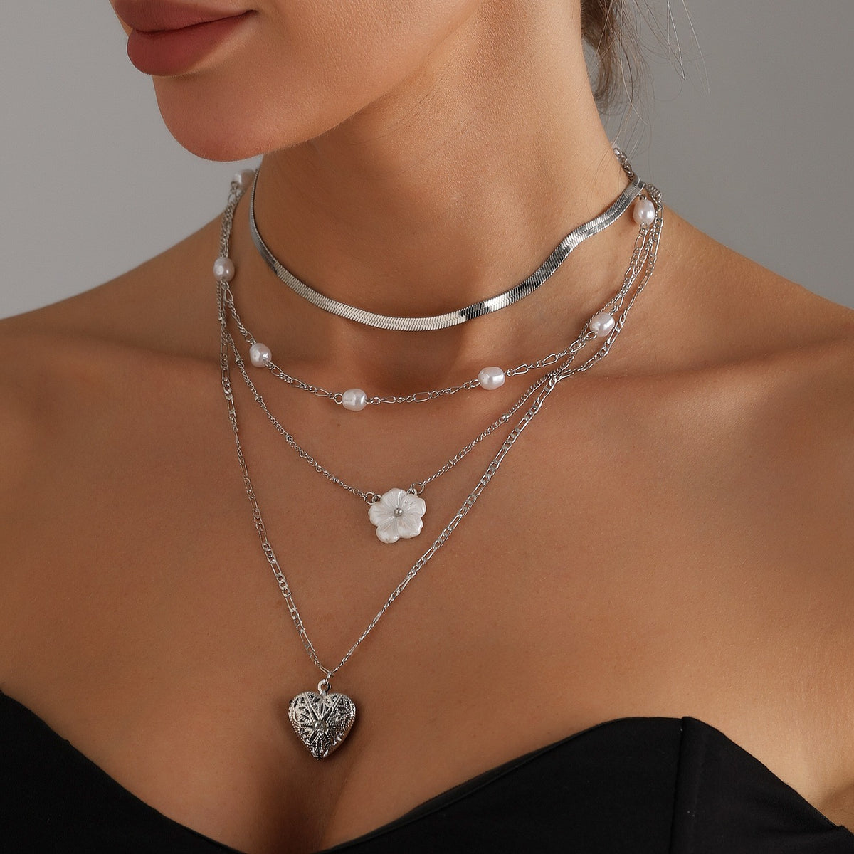Layered Pearl Floral Heart Necklace