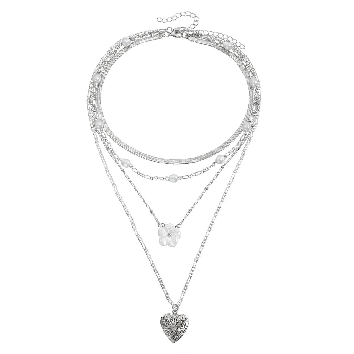 Layered Pearl Floral Heart Necklace