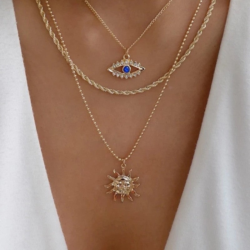 Dainty Layered Evil Eye & Sun Necklace