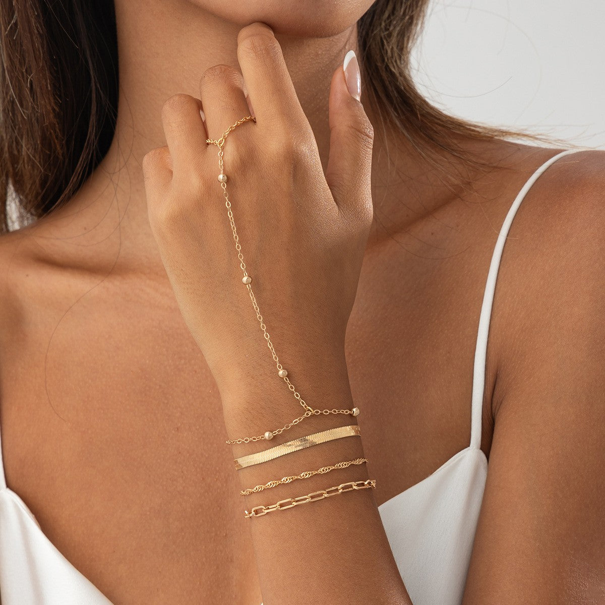Dainty Layered Pearl Finger Chain Bracelet