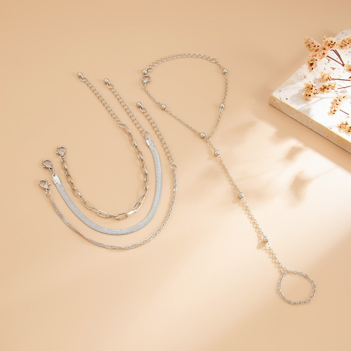 Dainty Layered Pearl Finger Chain Bracelet