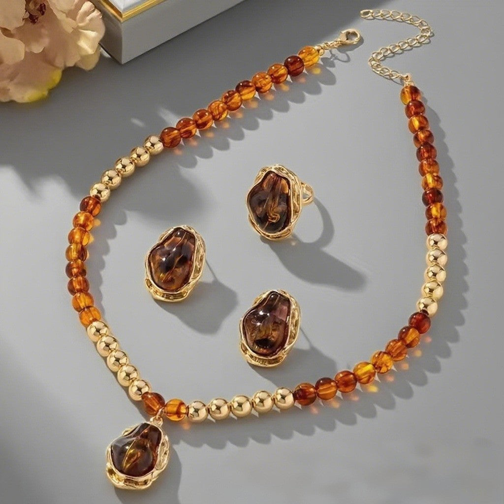 3pc Vintage Irregular Faux Pearl Necklace, Earring & Ring Set