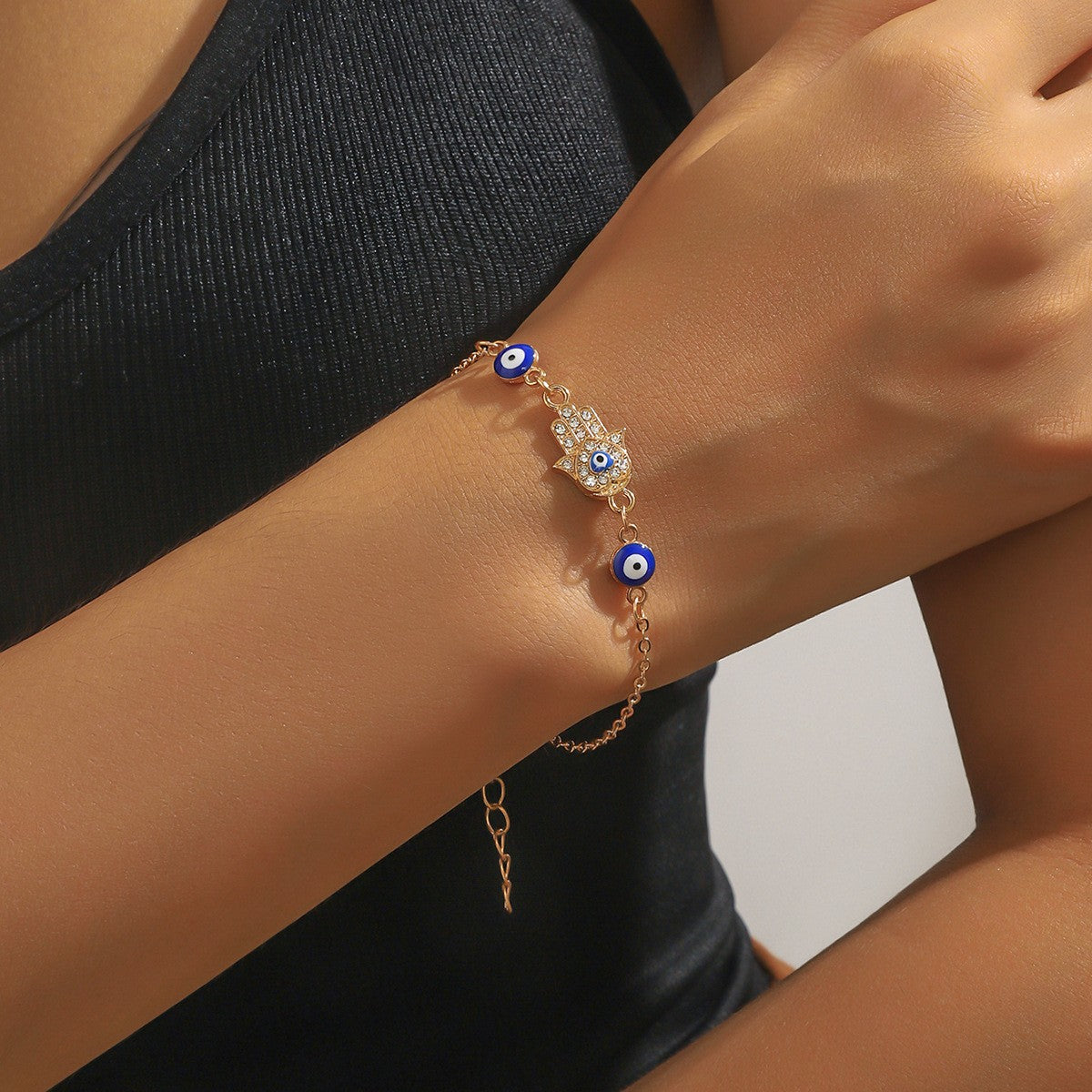 Dainty Rhinestone Hamsa & Evil Eye Bracelet