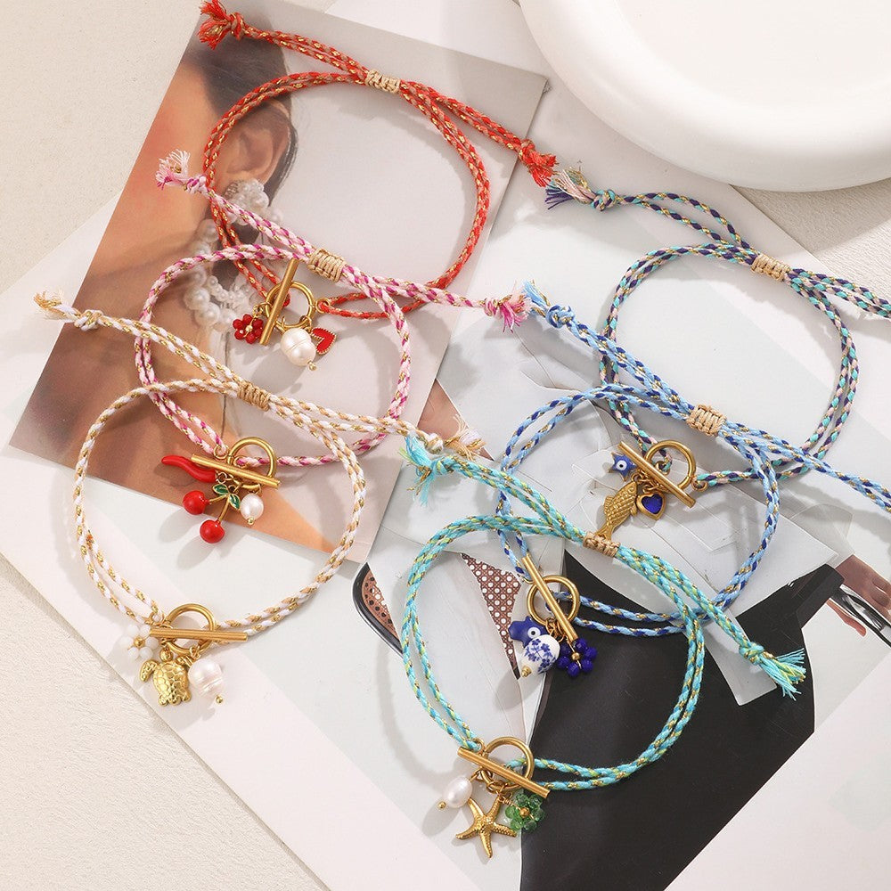 Boho Braided Charm Cord Bracelet Set