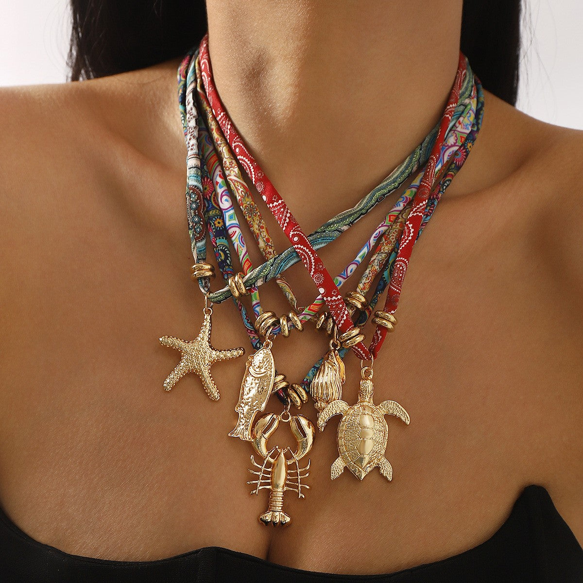 Boho Printed Fabric Ocean Charm Necklace