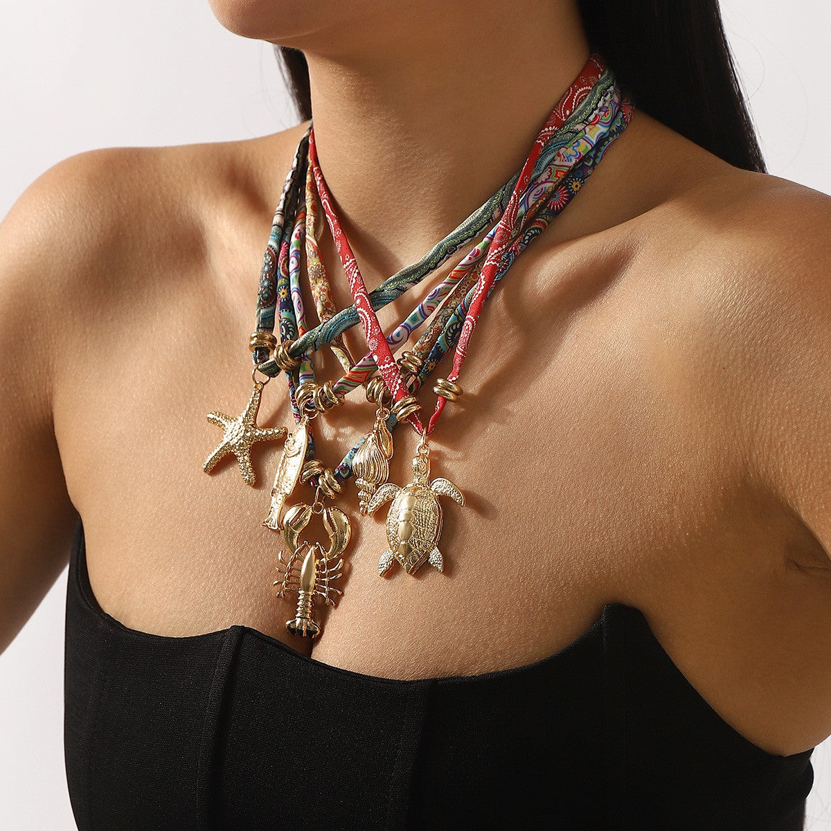 Boho Printed Fabric Ocean Charm Necklace