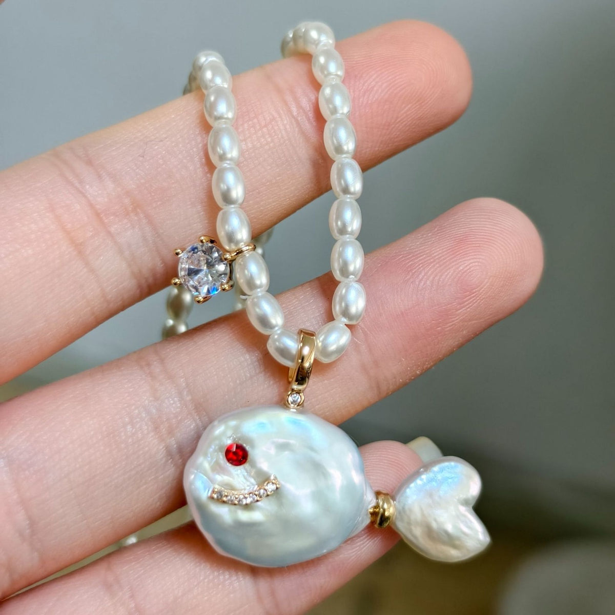 Cute Iridescent Baroque Pearl Fish Necklace