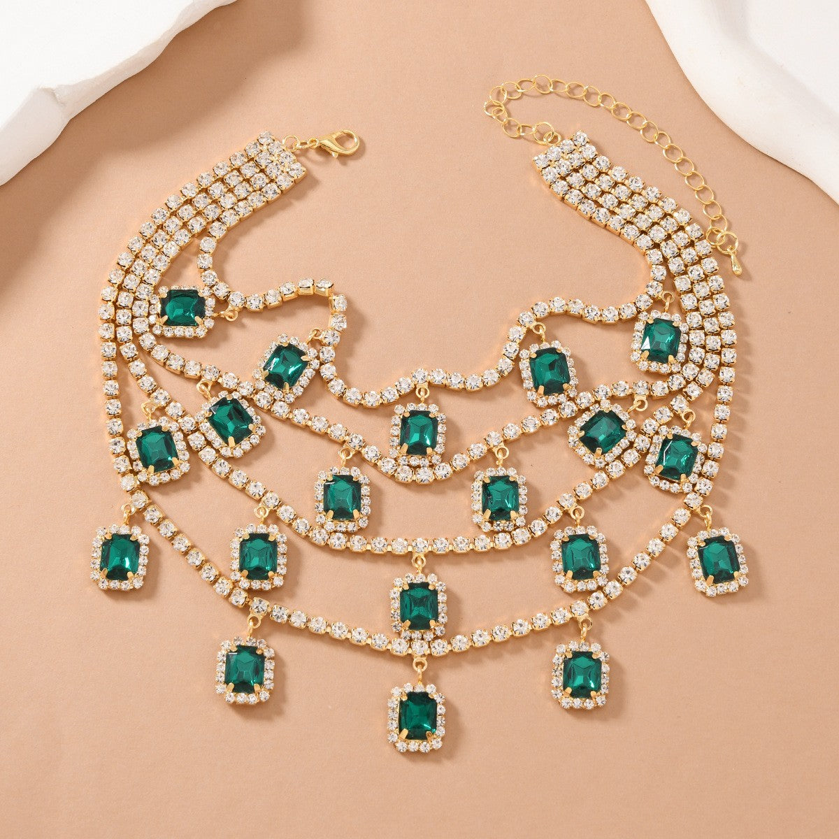 Classy Emerald Octagon Multi-Layer Necklace