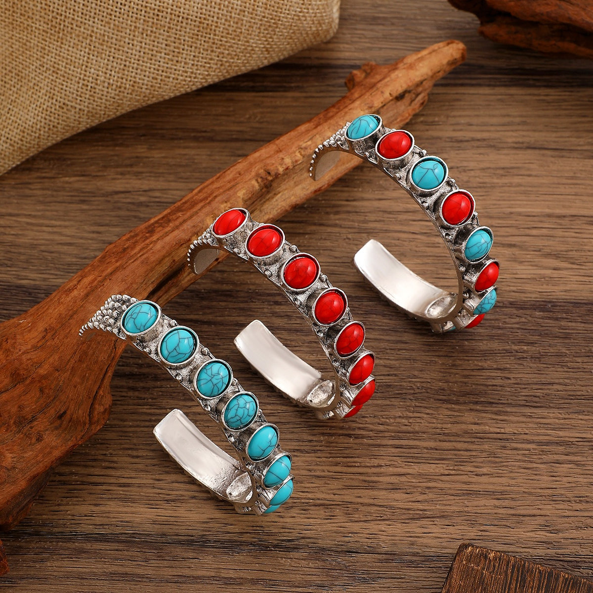 Boho Vintage Turquoise & Red Stone Cuff Bracelet