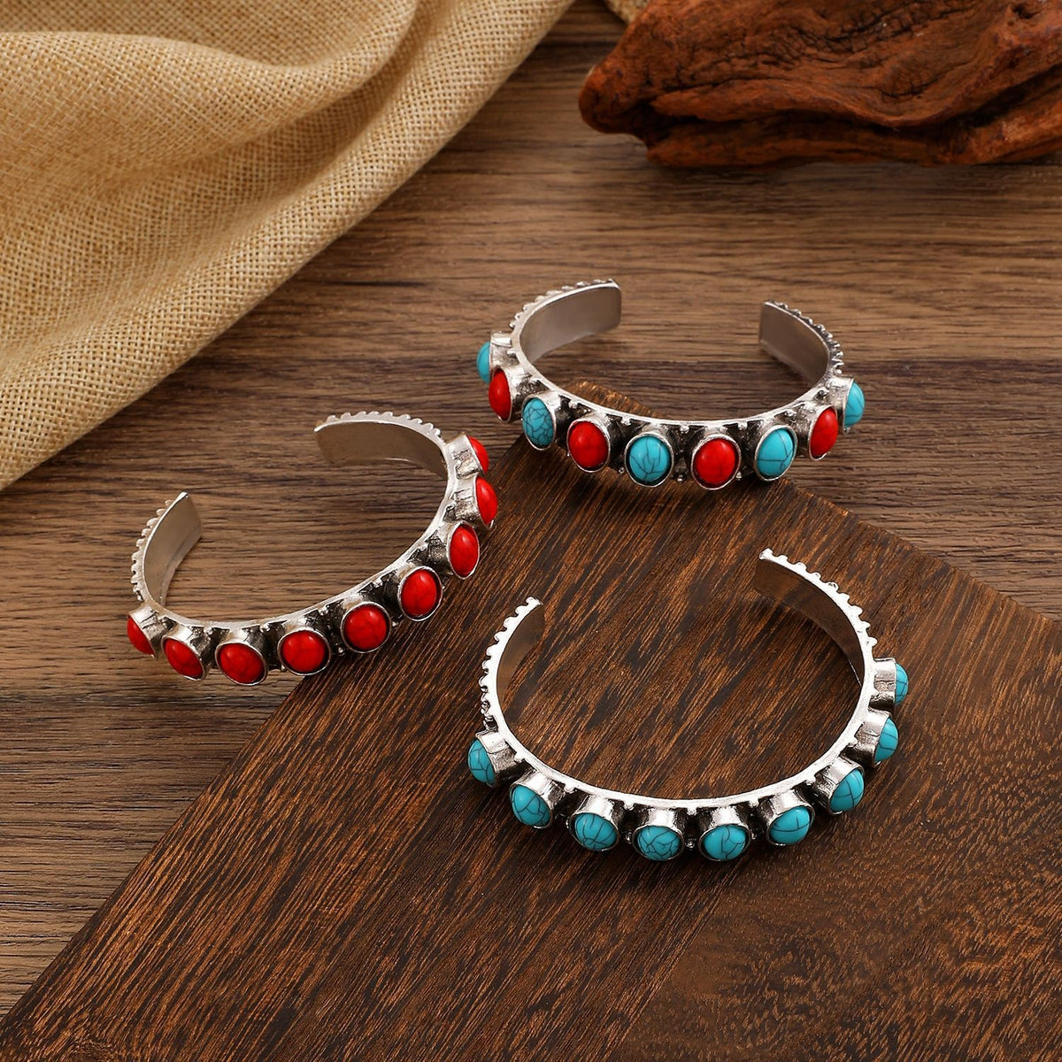 Boho Vintage Turquoise & Red Stone Cuff Bracelet