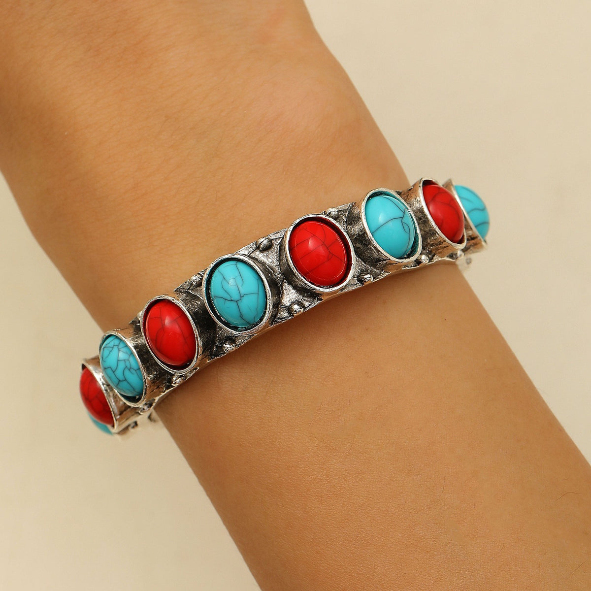 Boho Vintage Turquoise & Red Stone Cuff Bracelet