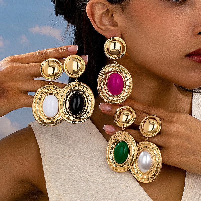 Classy Textured Oval Gem Drop Earrings