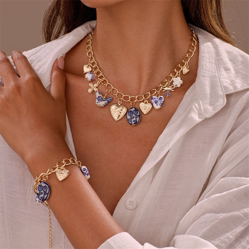 Dainty Blue Floral Ceramic Charm Necklace