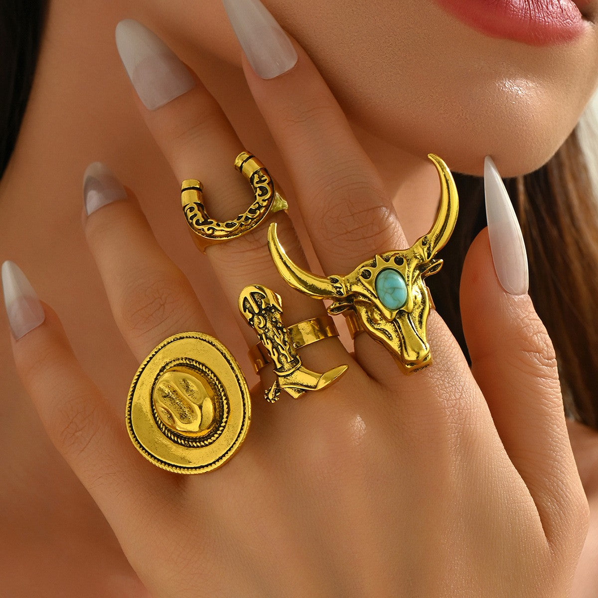 4pc Boho Western Bull Skull & Horseshoe Ring Set