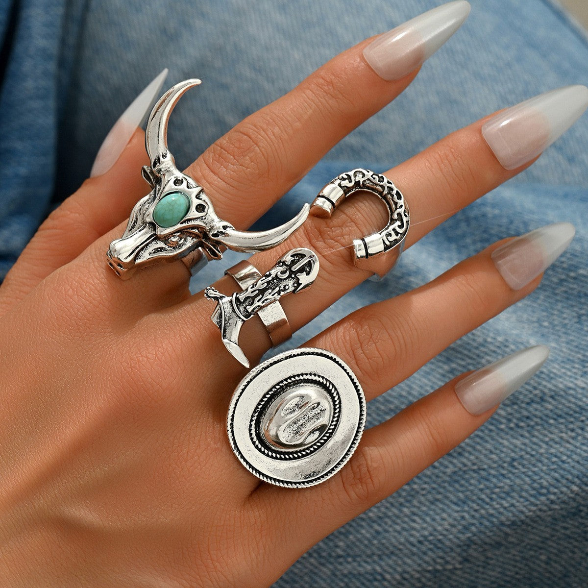 4pc Boho Western Bull Skull & Horseshoe Ring Set