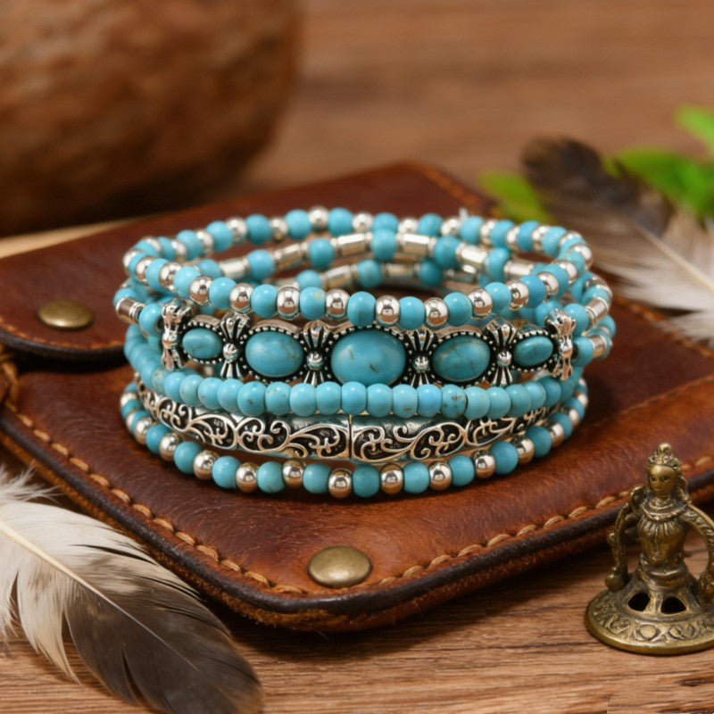 5pc Vintage Turquoise Beaded Bracelet Set