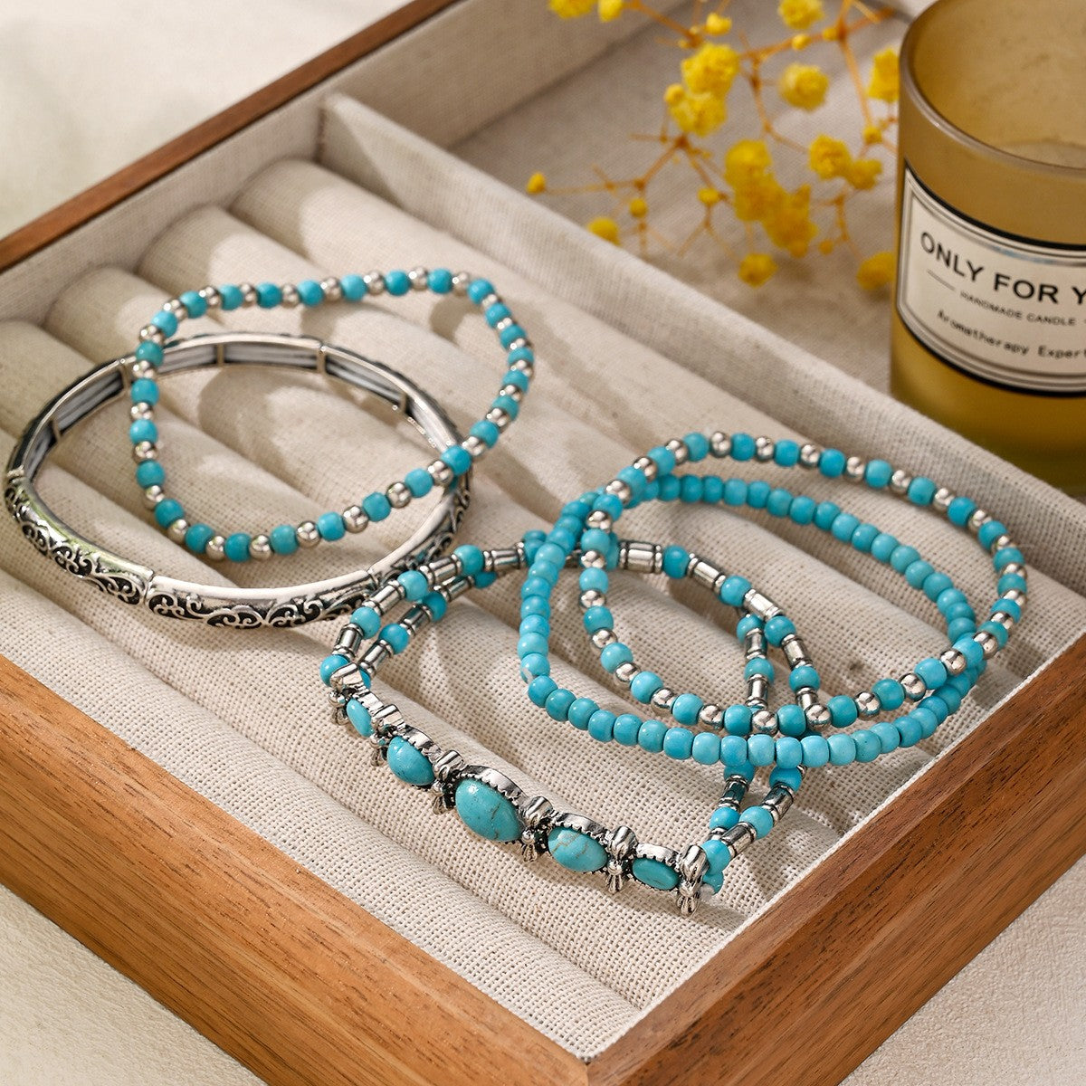 5pc Vintage Turquoise Beaded Bracelet Set