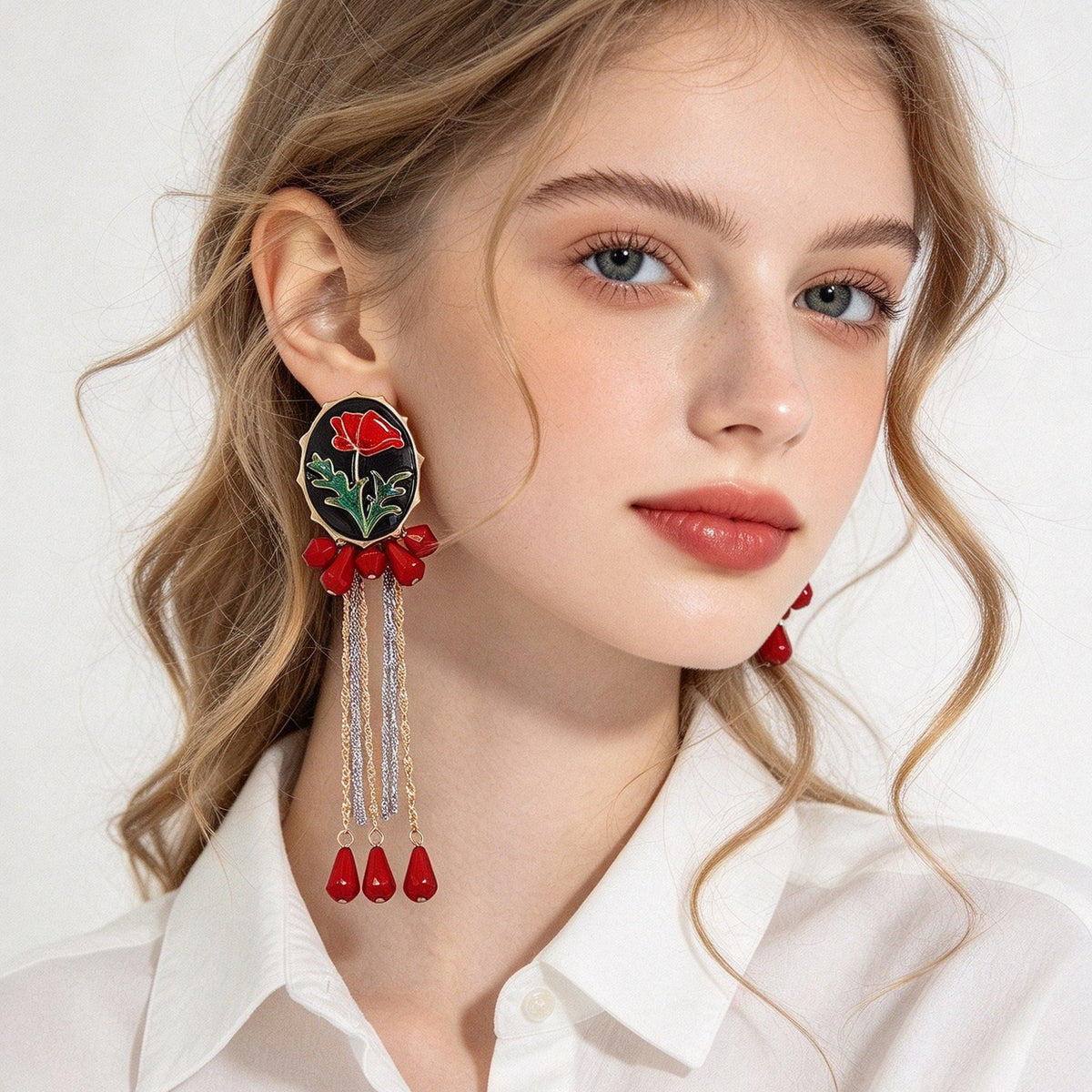 Romantic Red Enamel Rose Tassel Earrings